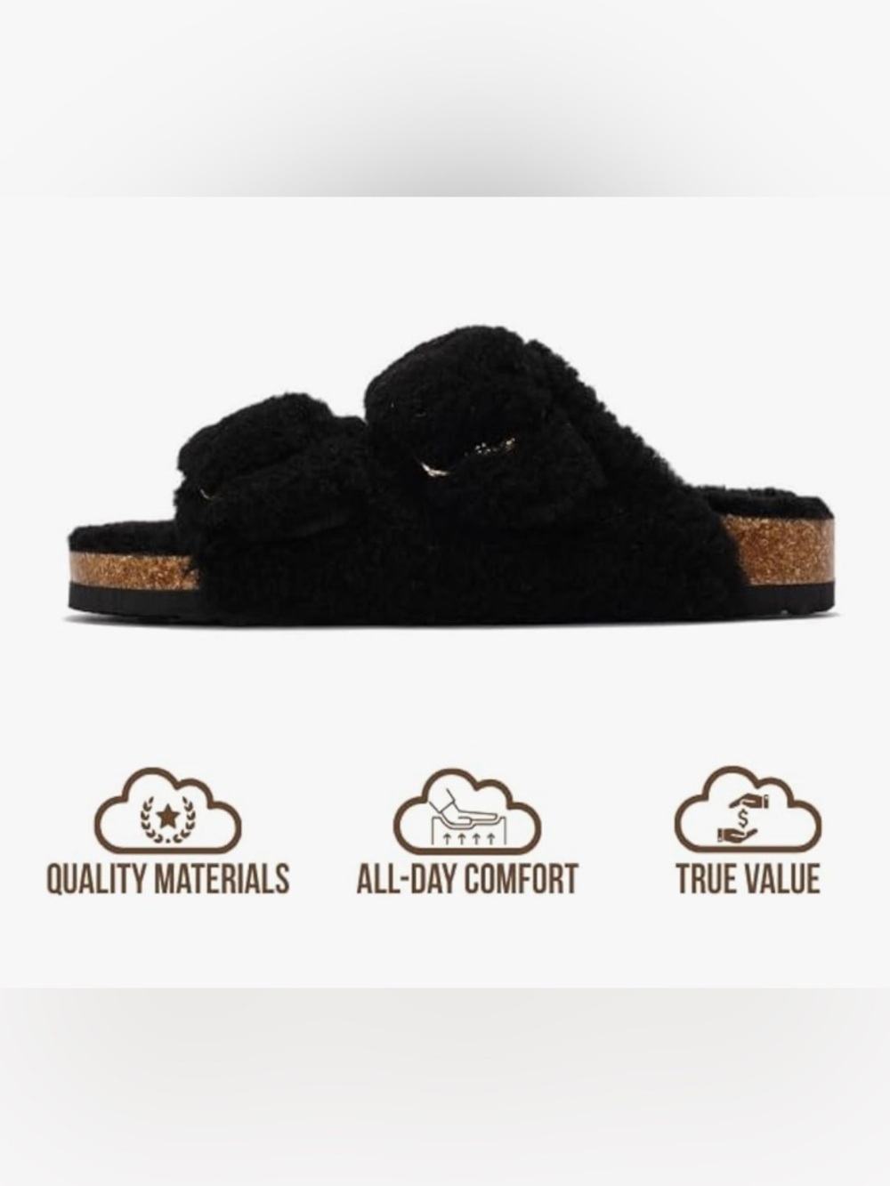 New- 6 Black Fuzzy Double-Strap Slide Sandals